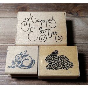 3 Wood Mounted Easter Stamps Bunny Bunnies Happy Easter